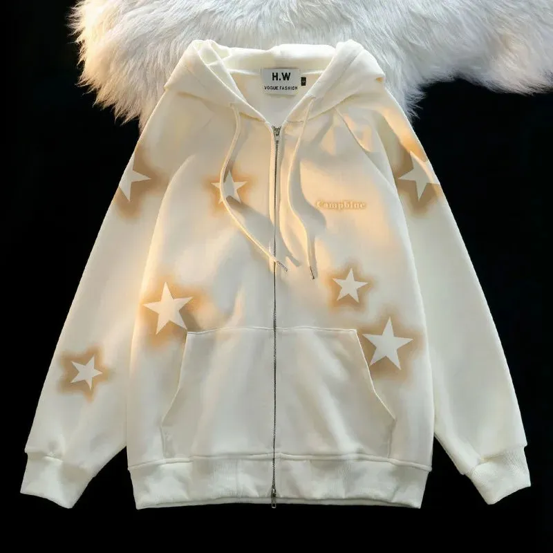 American Pentagram Print Zip Cardigan Girl Oversize Lazy Style Hoody