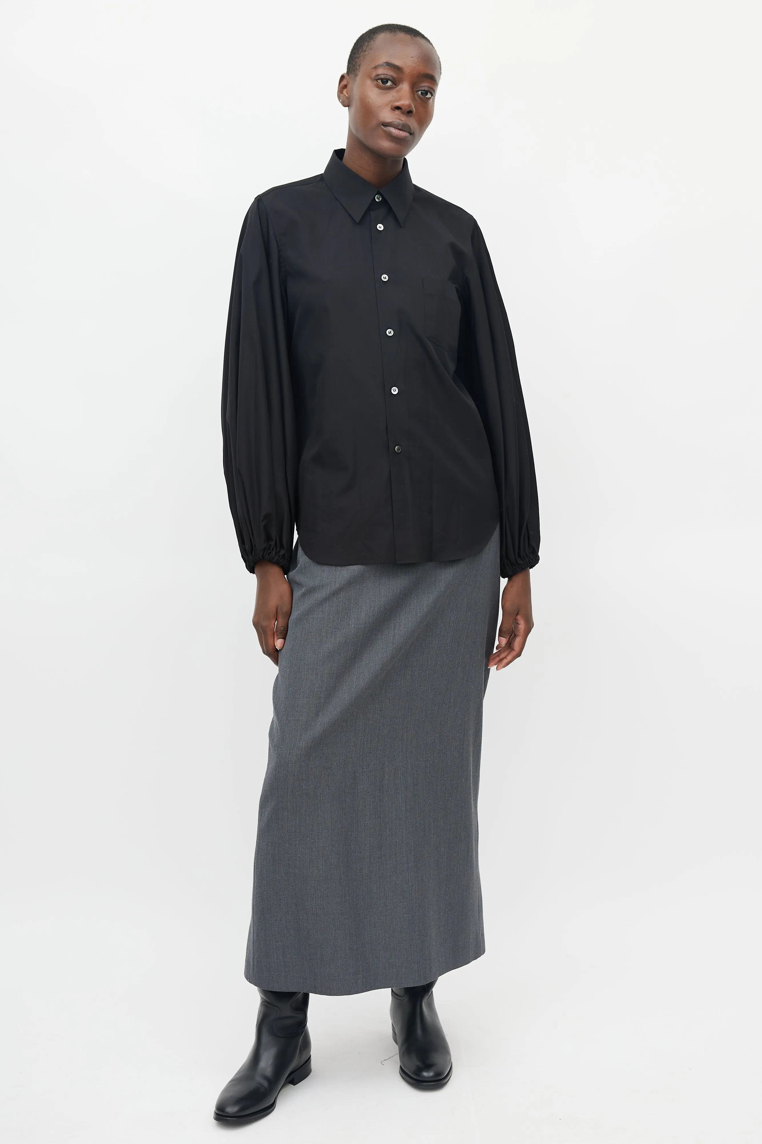 Black Button Up Bishop Sleeve Blouse