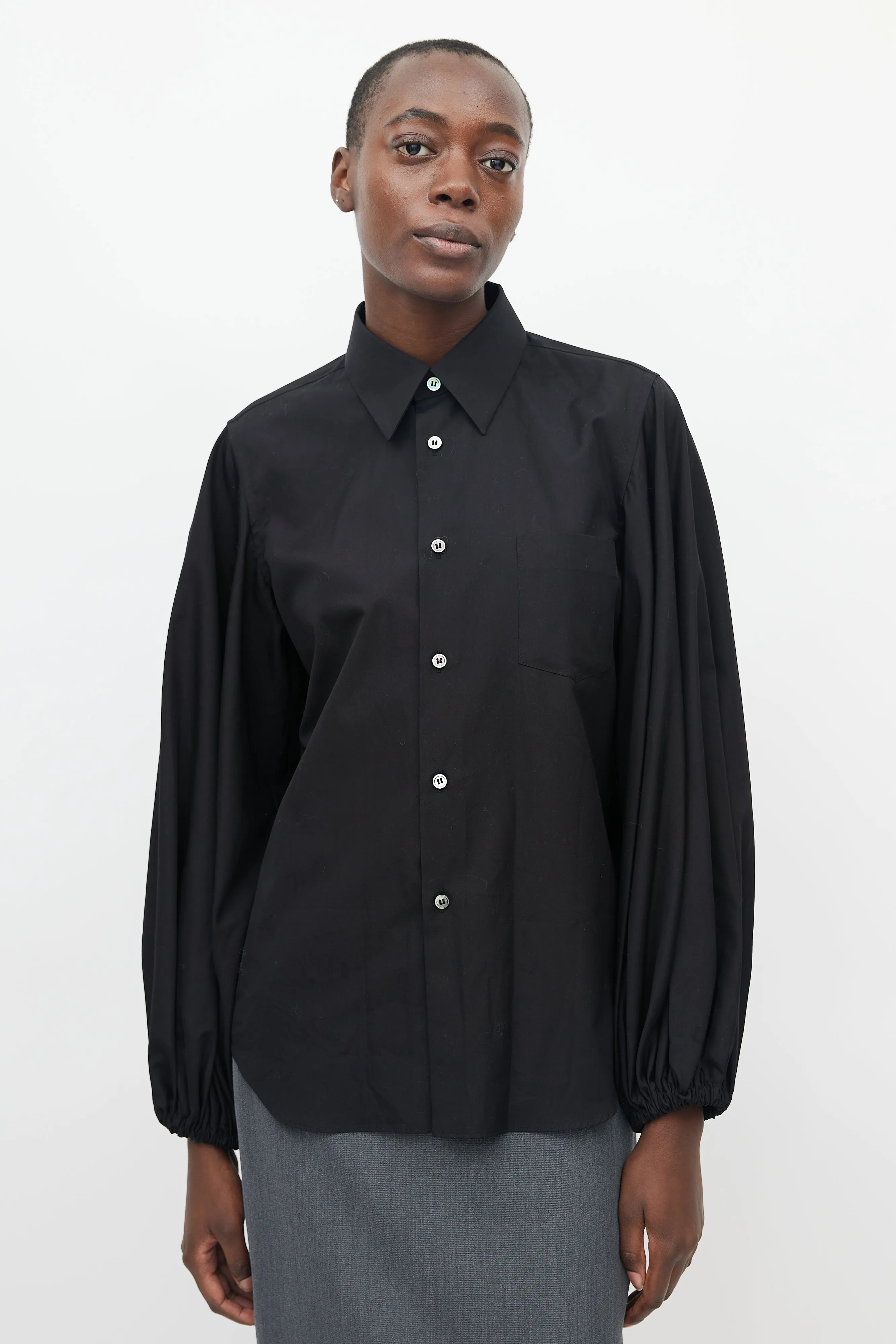 Black Button Up Bishop Sleeve Blouse