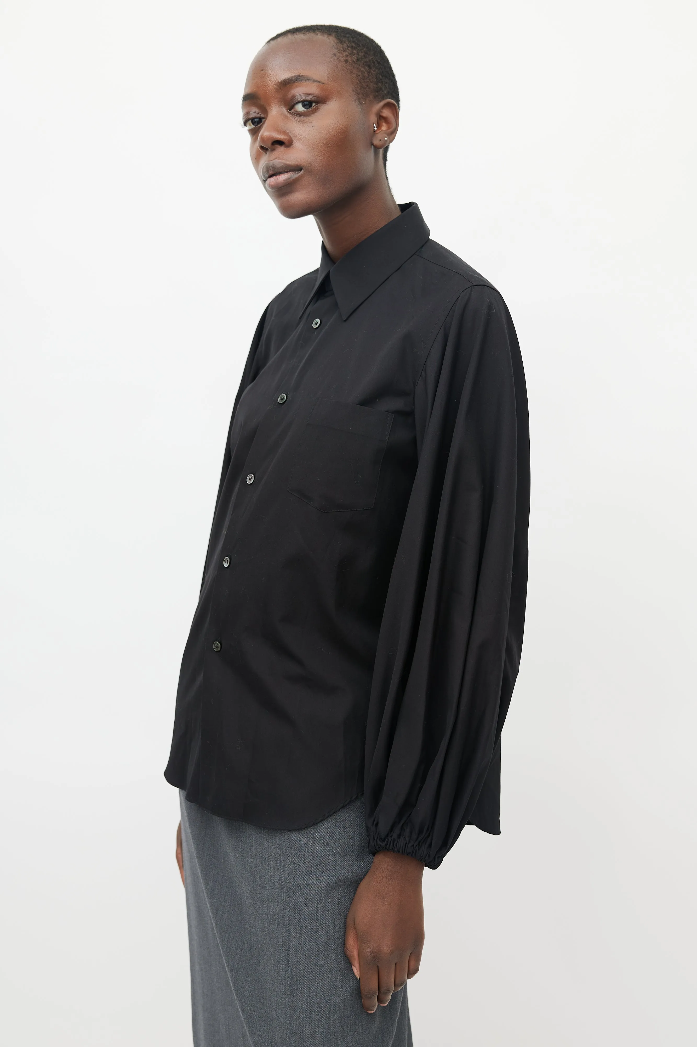 Black Button Up Bishop Sleeve Blouse