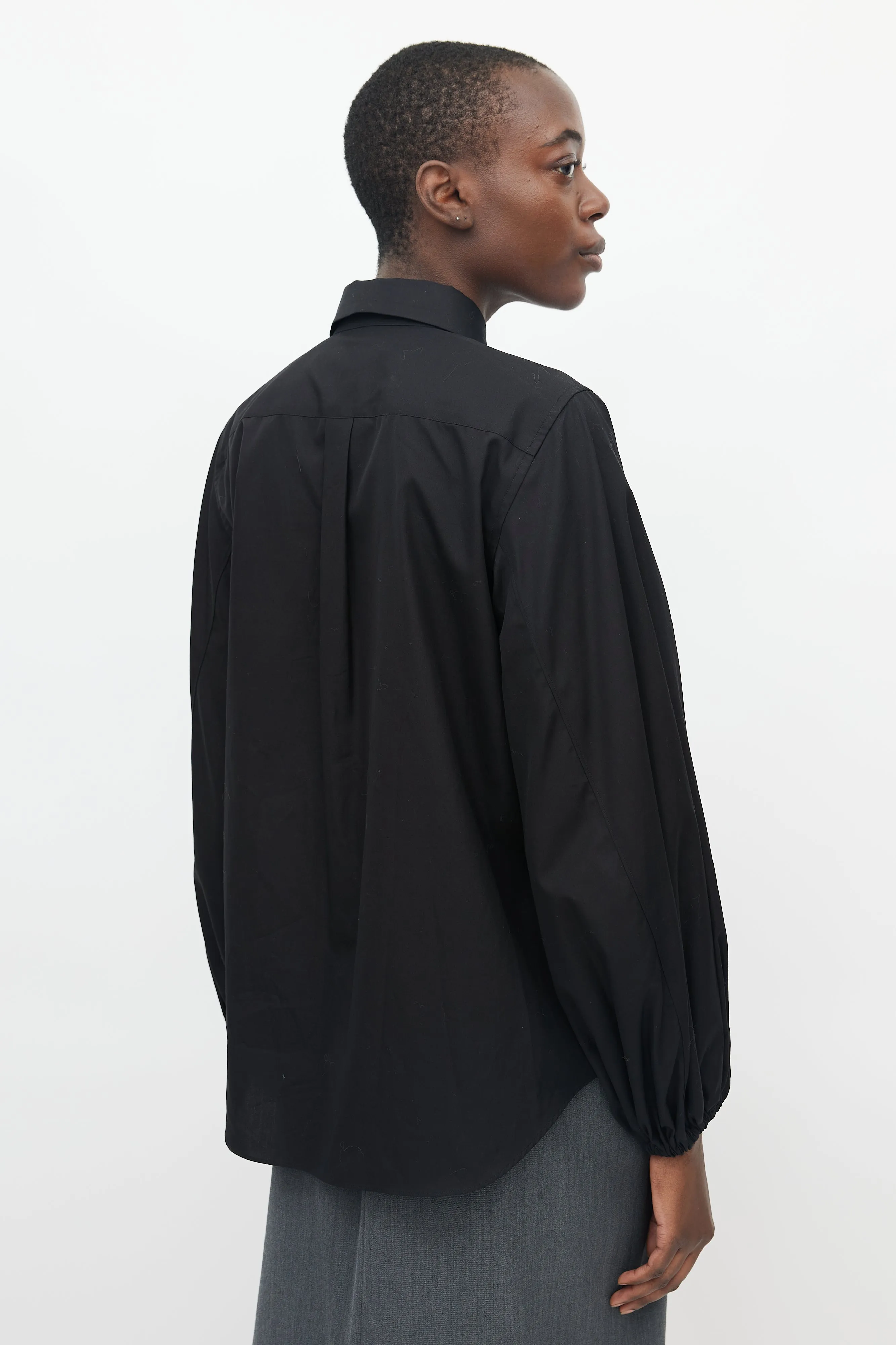 Black Button Up Bishop Sleeve Blouse