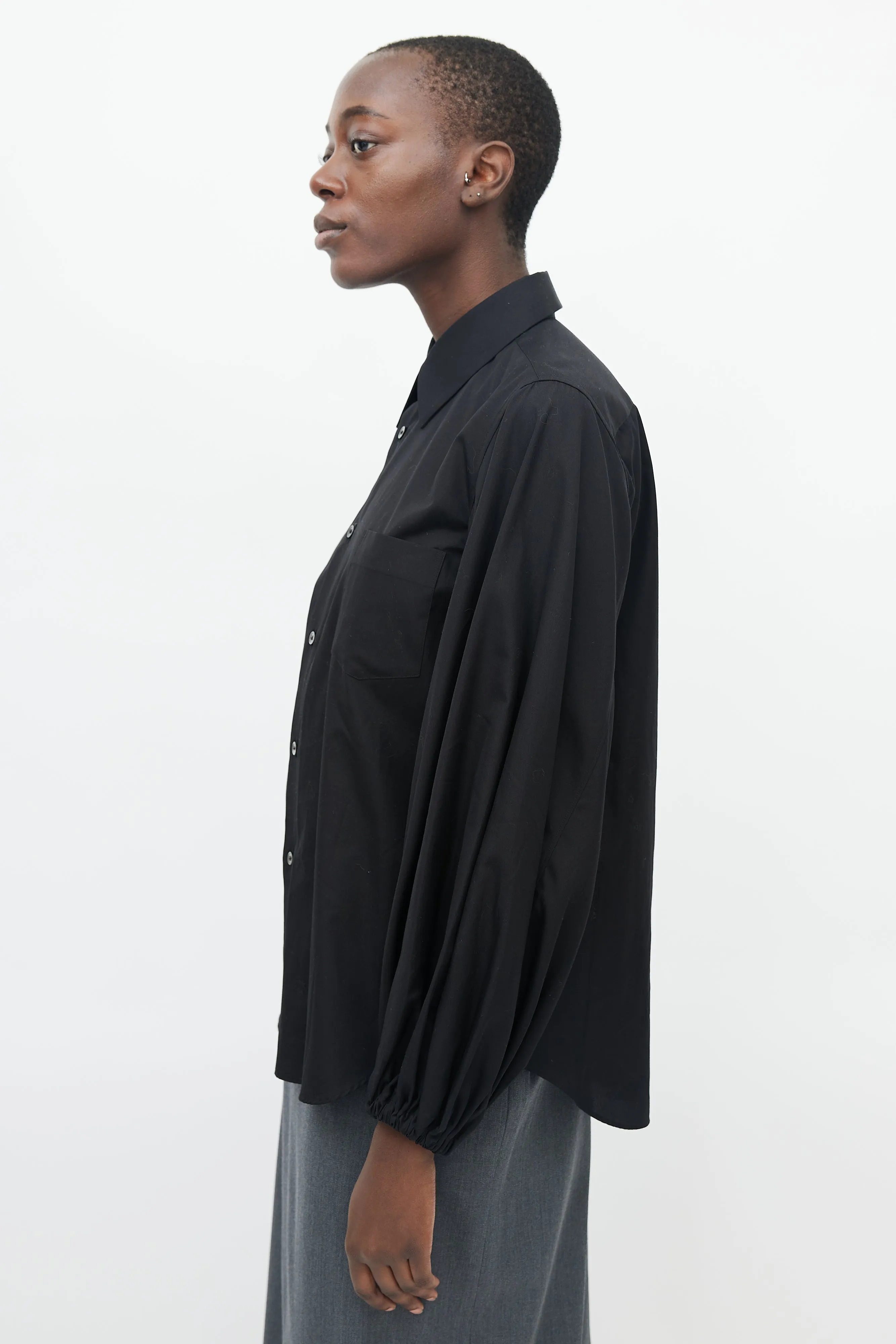 Black Button Up Bishop Sleeve Blouse