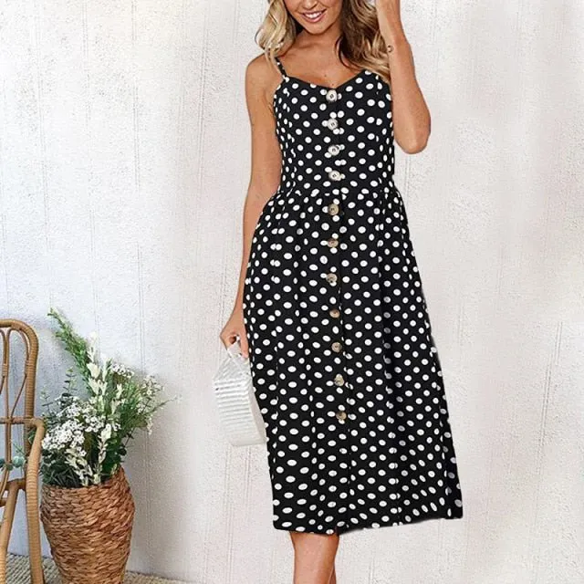 Casual Adorable Spaghetti Strap Print or Solid Pocket V-Neck Button Down Beach Cruise Dress