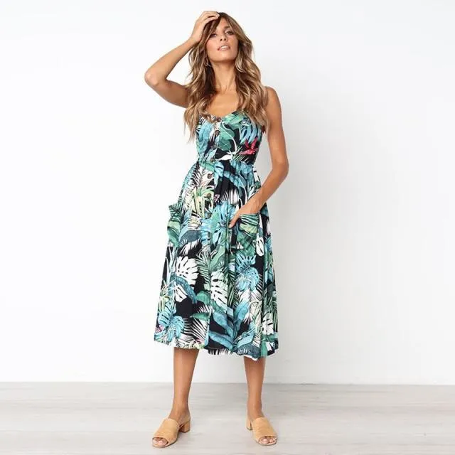 Casual Adorable Spaghetti Strap Print or Solid Pocket V-Neck Button Down Beach Cruise Dress
