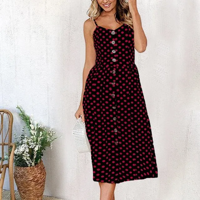 Casual Adorable Spaghetti Strap Print or Solid Pocket V-Neck Button Down Beach Cruise Dress