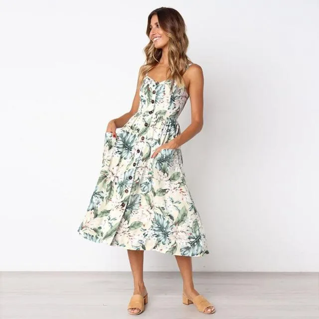 Casual Adorable Spaghetti Strap Print or Solid Pocket V-Neck Button Down Beach Cruise Dress