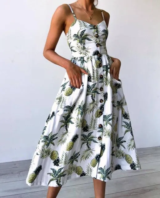 Casual Adorable Spaghetti Strap Print or Solid Pocket V-Neck Button Down Beach Cruise Dress