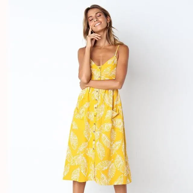 Casual Adorable Spaghetti Strap Print or Solid Pocket V-Neck Button Down Beach Cruise Dress