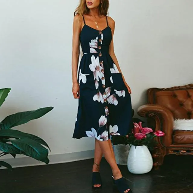 Casual Adorable Spaghetti Strap Print or Solid Pocket V-Neck Button Down Beach Cruise Dress