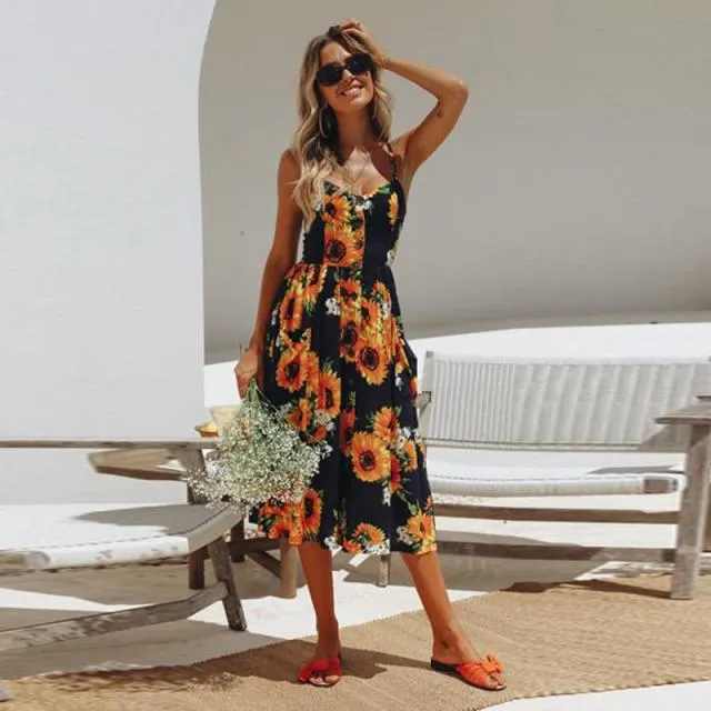 Casual Adorable Spaghetti Strap Print or Solid Pocket V-Neck Button Down Beach Cruise Dress
