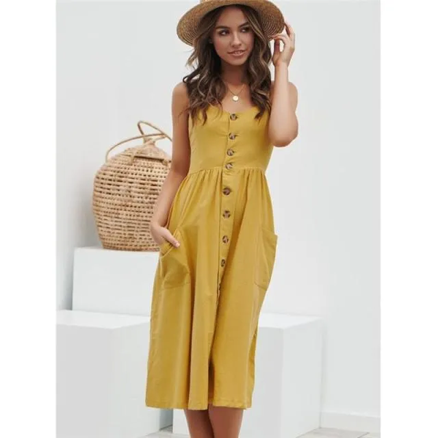 Casual Adorable Spaghetti Strap Print or Solid Pocket V-Neck Button Down Beach Cruise Dress