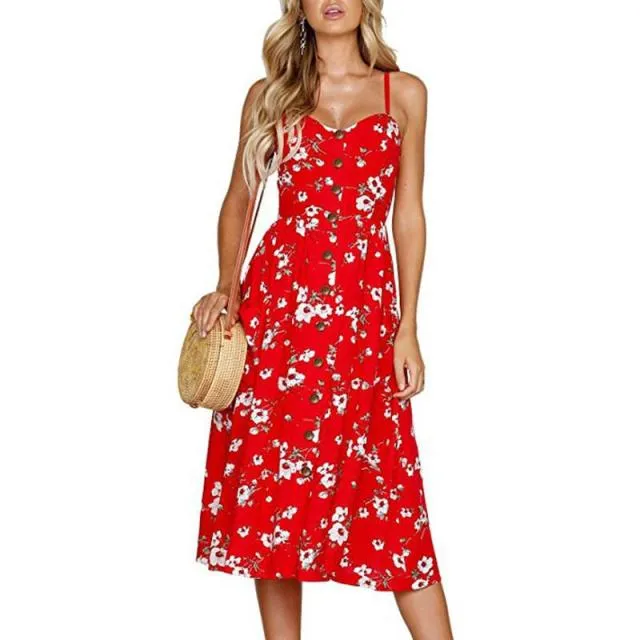 Casual Adorable Spaghetti Strap Print or Solid Pocket V-Neck Button Down Beach Cruise Dress