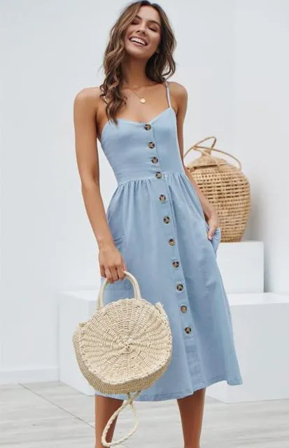 Casual Adorable Spaghetti Strap Print or Solid Pocket V-Neck Button Down Beach Cruise Dress