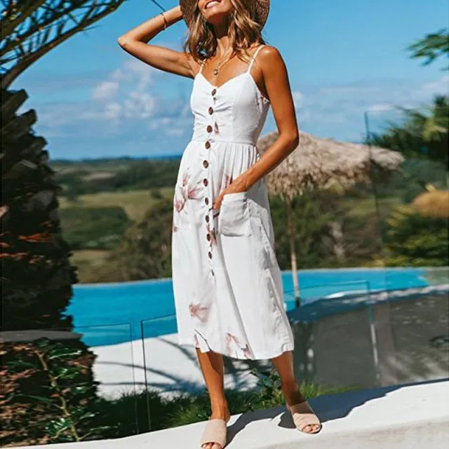 Casual Adorable Spaghetti Strap Print or Solid Pocket V-Neck Button Down Beach Cruise Dress