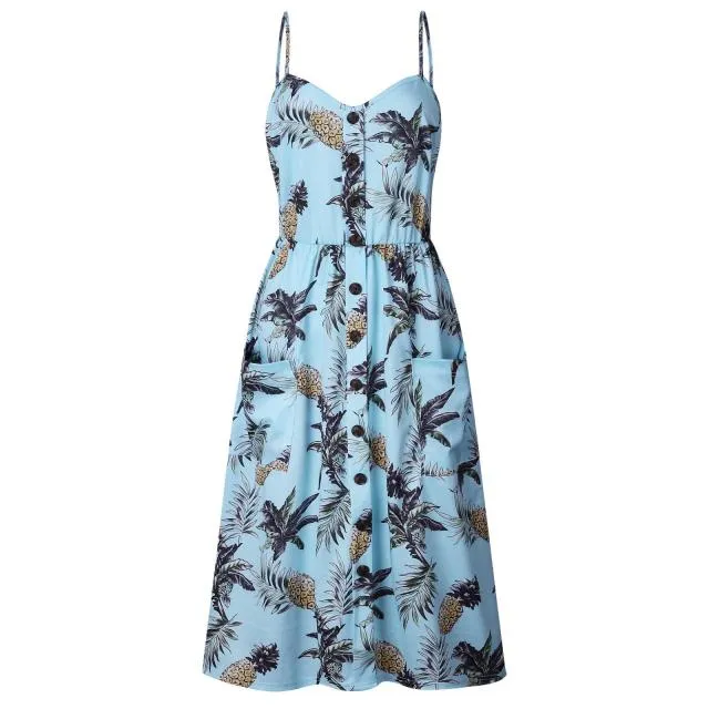 Casual Adorable Spaghetti Strap Print or Solid Pocket V-Neck Button Down Beach Cruise Dress