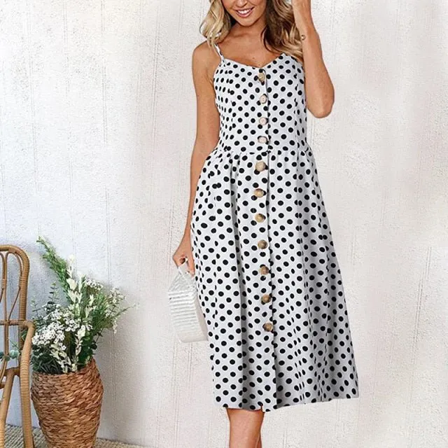 Casual Adorable Spaghetti Strap Print or Solid Pocket V-Neck Button Down Beach Cruise Dress