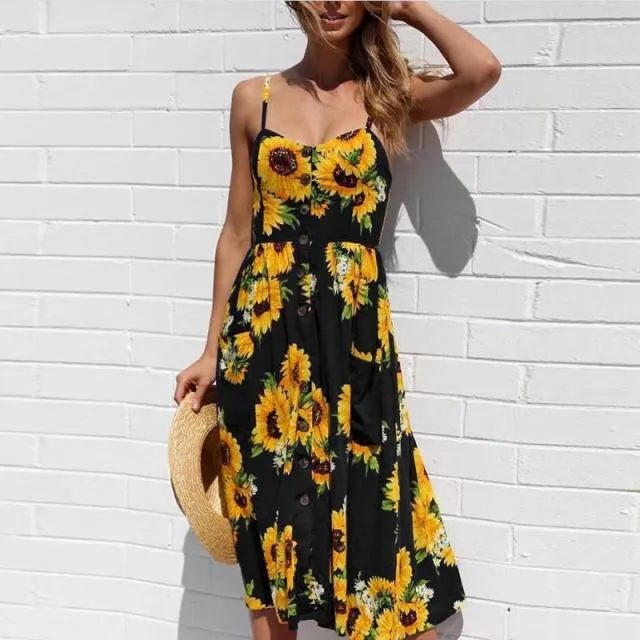 Casual Adorable Spaghetti Strap Print or Solid Pocket V-Neck Button Down Beach Cruise Dress