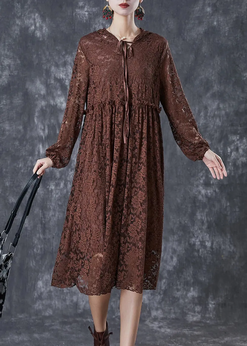 Chocolate Hollow Out Lace Long Dresses