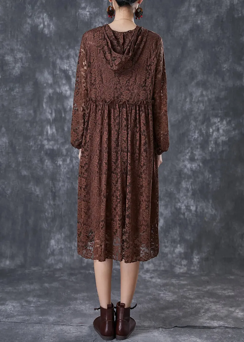 Chocolate Hollow Out Lace Long Dresses
