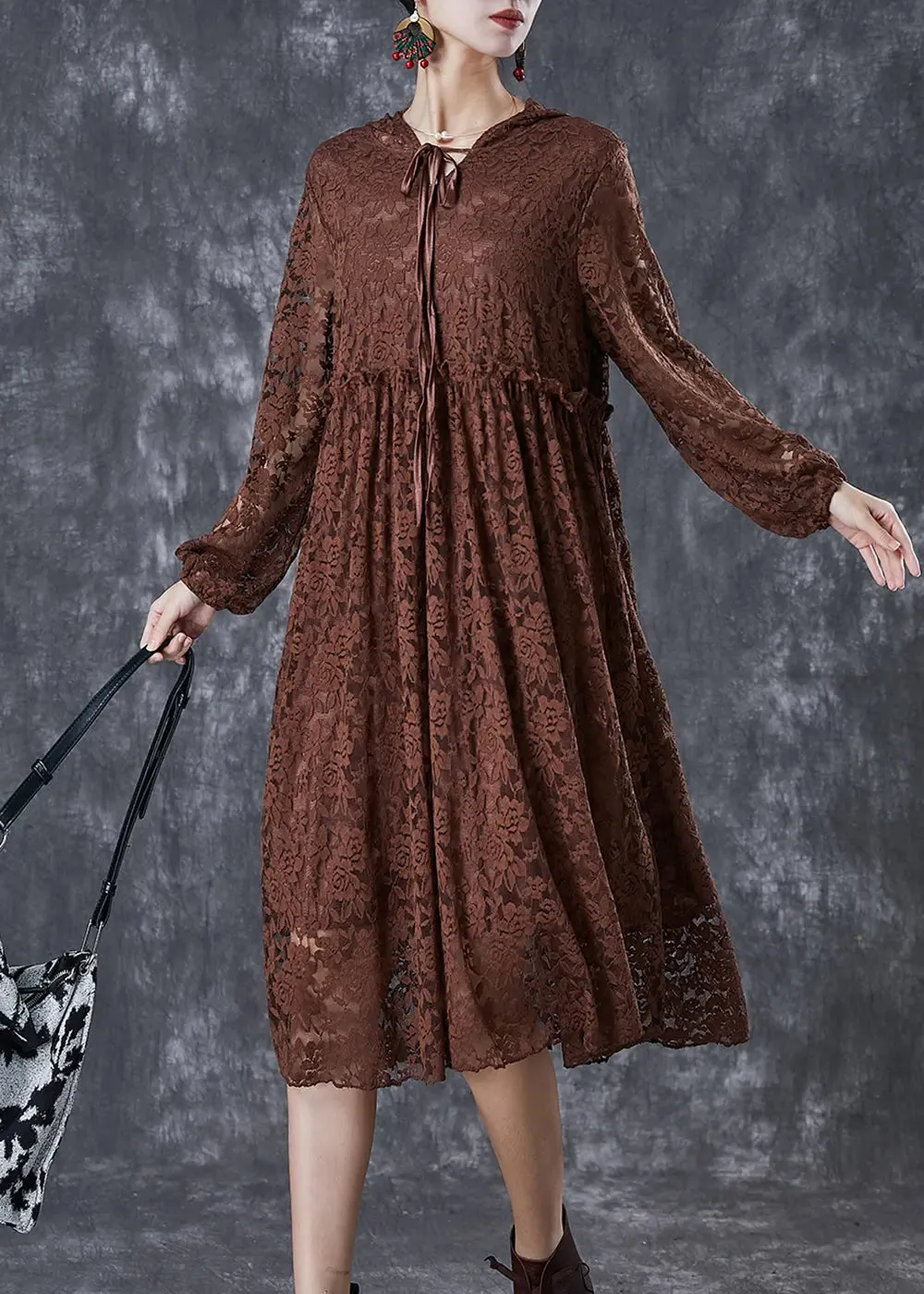 Chocolate Hollow Out Lace Long Dresses
