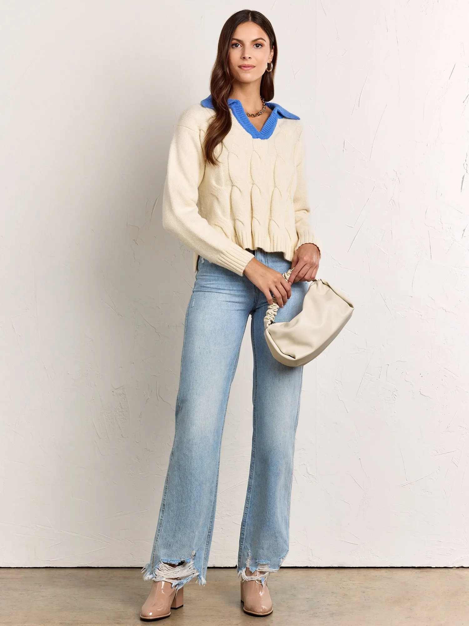 Crescent Long-Sleeve Blue Collar Cable Knit Pullover - Brands We Love