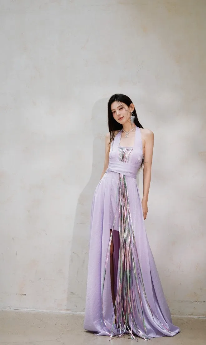DOLLY Luxury Purple Halter Neck Backless Tassel Sexy Long Party Dress-Babe