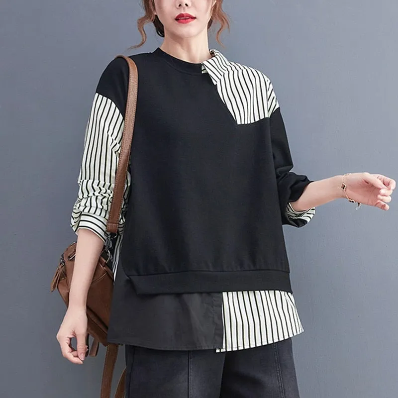 False 2 Pieces Women Casual Sweatshirts New Autumn Korean Style Patchwork Striped Loose Ladies Long Sleeve Pullovers