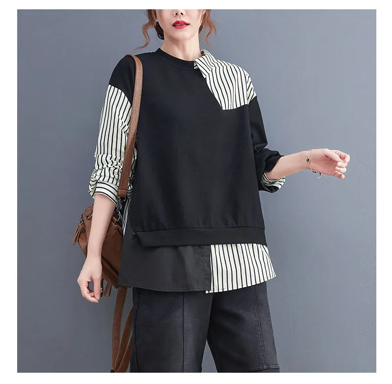 False 2 Pieces Women Casual Sweatshirts New Autumn Korean Style Patchwork Striped Loose Ladies Long Sleeve Pullovers