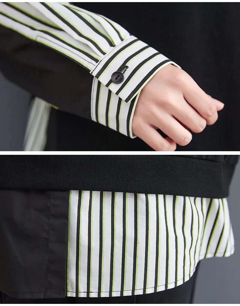 False 2 Pieces Women Casual Sweatshirts New Autumn Korean Style Patchwork Striped Loose Ladies Long Sleeve Pullovers