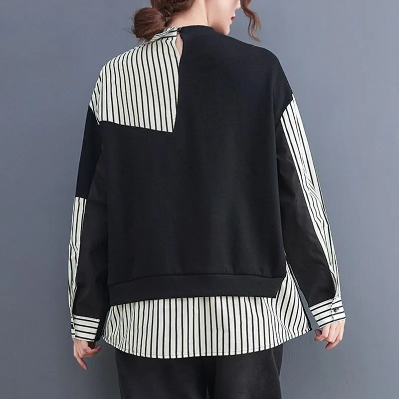 False 2 Pieces Women Casual Sweatshirts New Autumn Korean Style Patchwork Striped Loose Ladies Long Sleeve Pullovers