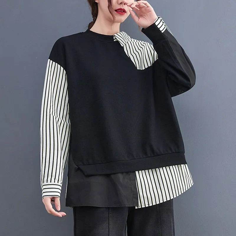 False 2 Pieces Women Casual Sweatshirts New Autumn Korean Style Patchwork Striped Loose Ladies Long Sleeve Pullovers