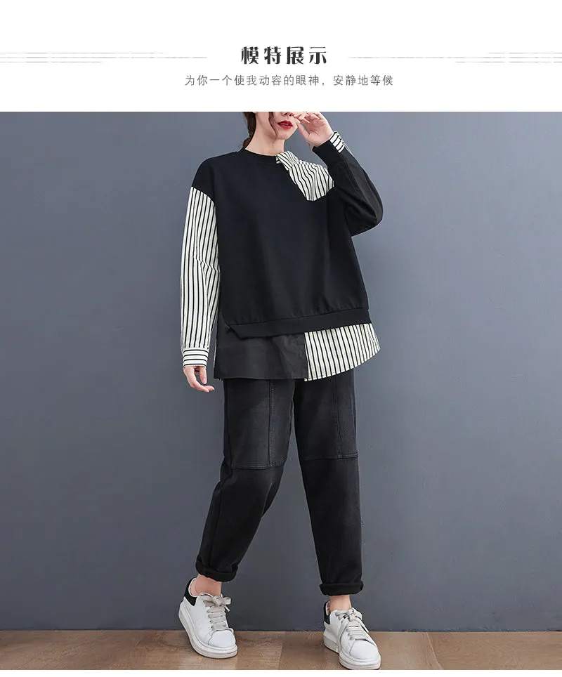 False 2 Pieces Women Casual Sweatshirts New Autumn Korean Style Patchwork Striped Loose Ladies Long Sleeve Pullovers