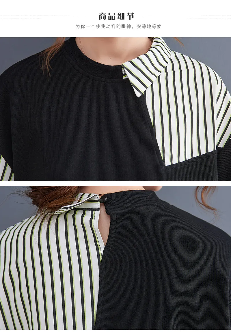 False 2 Pieces Women Casual Sweatshirts New Autumn Korean Style Patchwork Striped Loose Ladies Long Sleeve Pullovers