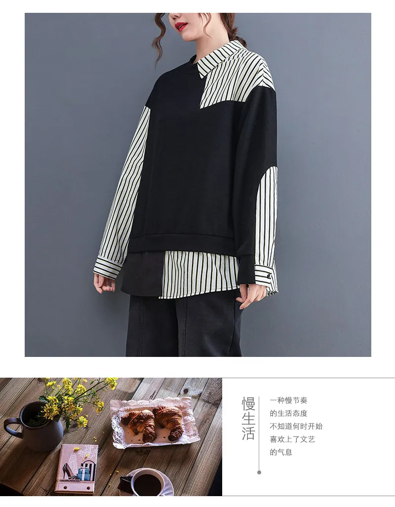 False 2 Pieces Women Casual Sweatshirts New Autumn Korean Style Patchwork Striped Loose Ladies Long Sleeve Pullovers