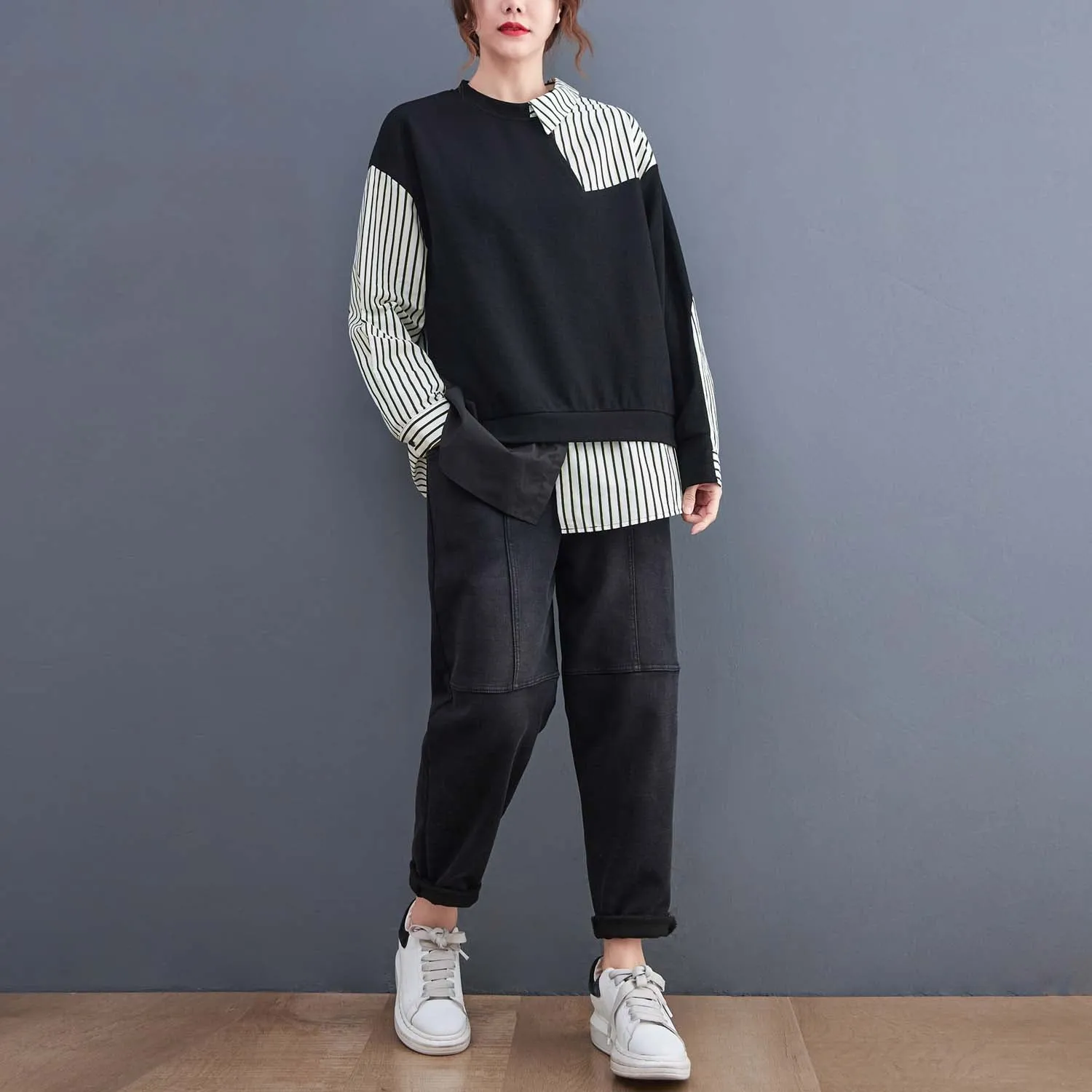False 2 Pieces Women Casual Sweatshirts New Autumn Korean Style Patchwork Striped Loose Ladies Long Sleeve Pullovers