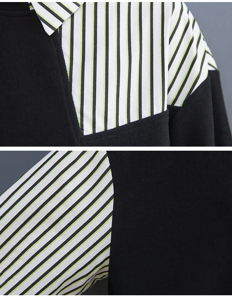 False 2 Pieces Women Casual Sweatshirts New Autumn Korean Style Patchwork Striped Loose Ladies Long Sleeve Pullovers