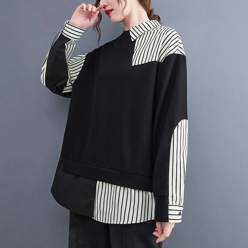 False 2 Pieces Women Casual Sweatshirts New Autumn Korean Style Patchwork Striped Loose Ladies Long Sleeve Pullovers