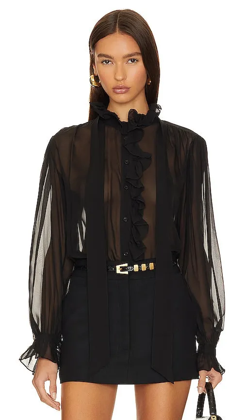 FRAME Ruffle Front Button Up Shirt in Black