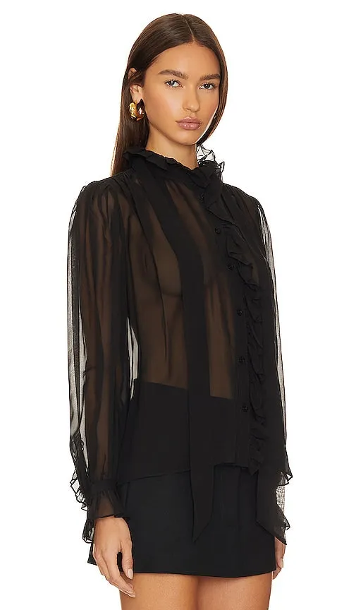 FRAME Ruffle Front Button Up Shirt in Black