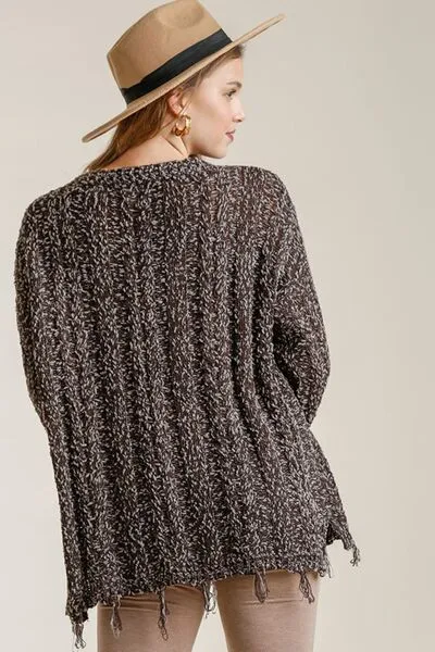 Frayed Hem Cable Knit Sweater – Oversized Cozy Textured Pullover