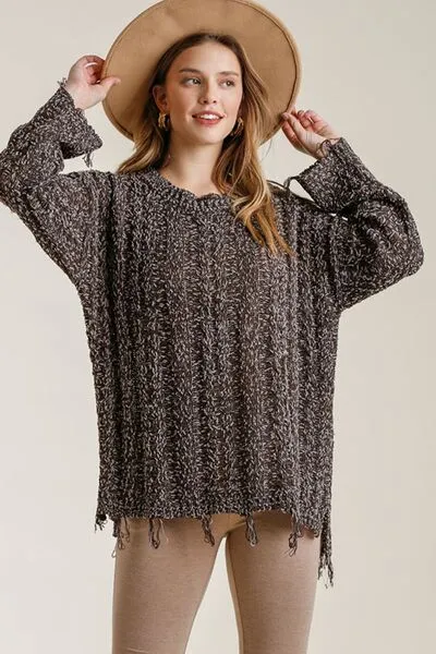 Frayed Hem Cable Knit Sweater – Oversized Cozy Textured Pullover