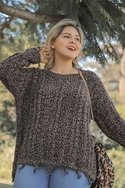 Frayed Hem Cable Knit Sweater – Oversized Cozy Textured Pullover