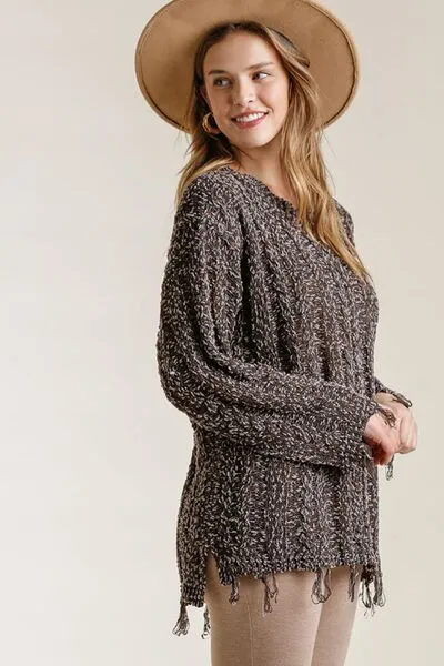 Frayed Hem Cable Knit Sweater – Oversized Cozy Textured Pullover