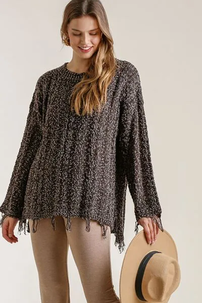 Frayed Hem Cable Knit Sweater – Oversized Cozy Textured Pullover
