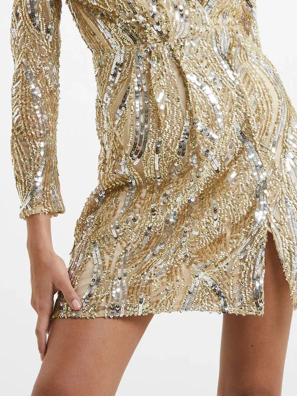 French Connection Deniz Embellished LS Mini Dress-Cement Gold-71VGU de