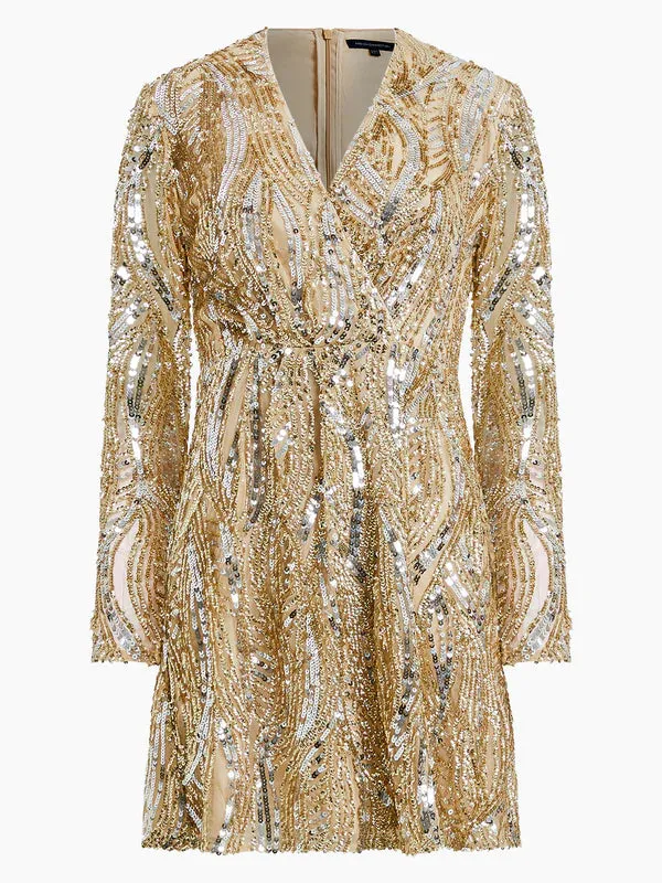 French Connection Deniz Embellished LS Mini Dress-Cement Gold-71VGU de