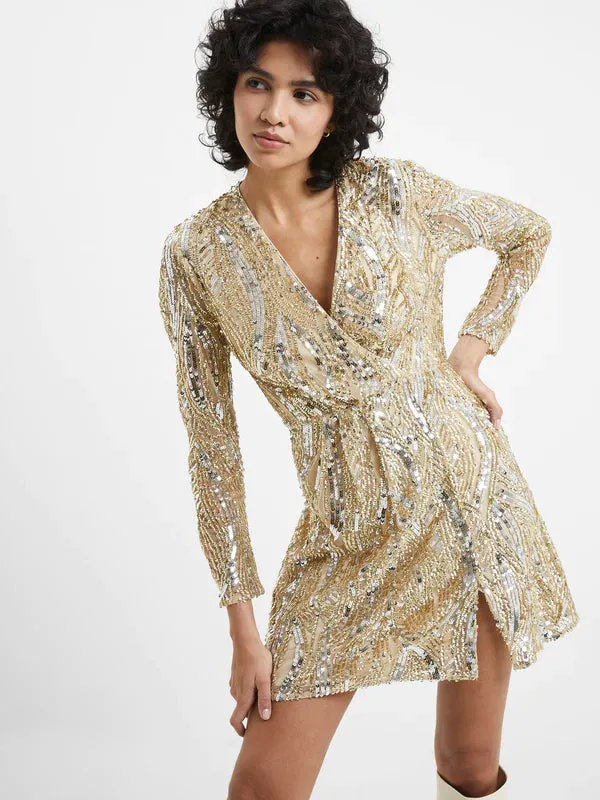French Connection Deniz Embellished LS Mini Dress-Cement Gold-71VGU de