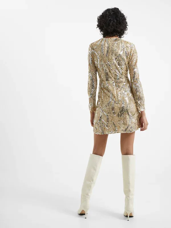 French Connection Deniz Embellished LS Mini Dress-Cement Gold-71VGU de