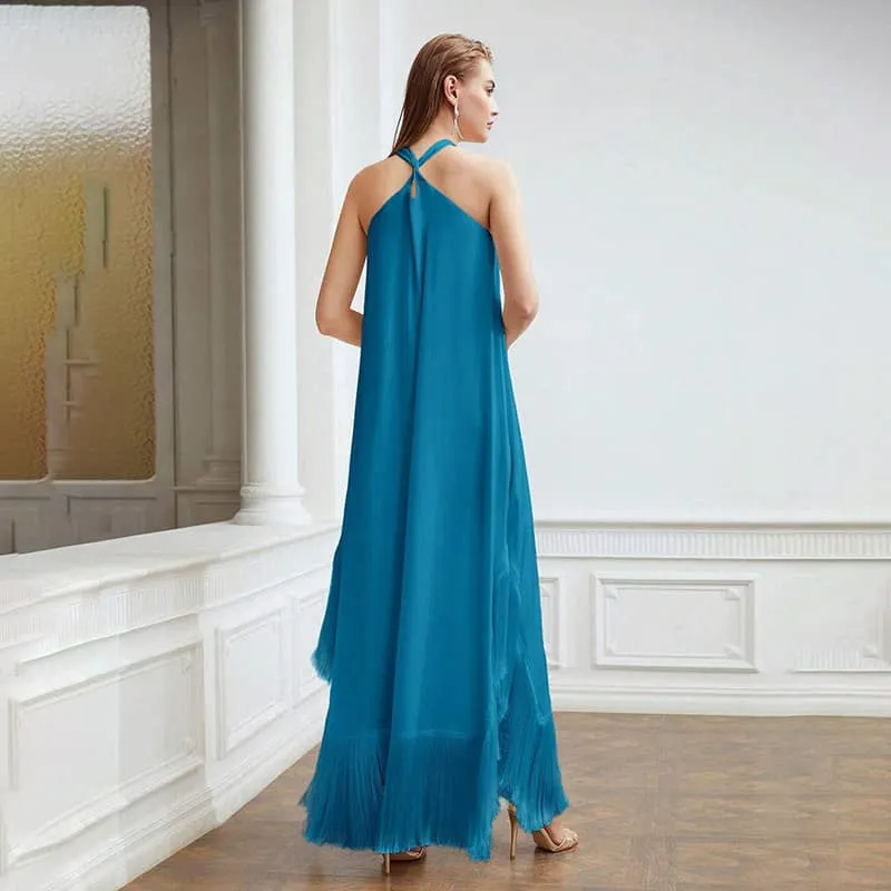 Fringed hem halterneck dress