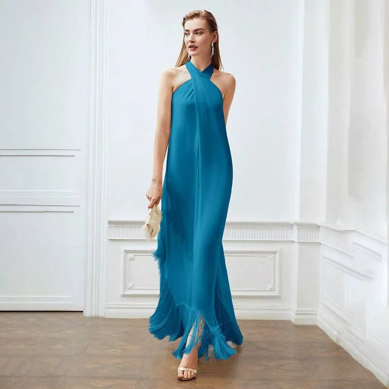 Fringed hem halterneck dress